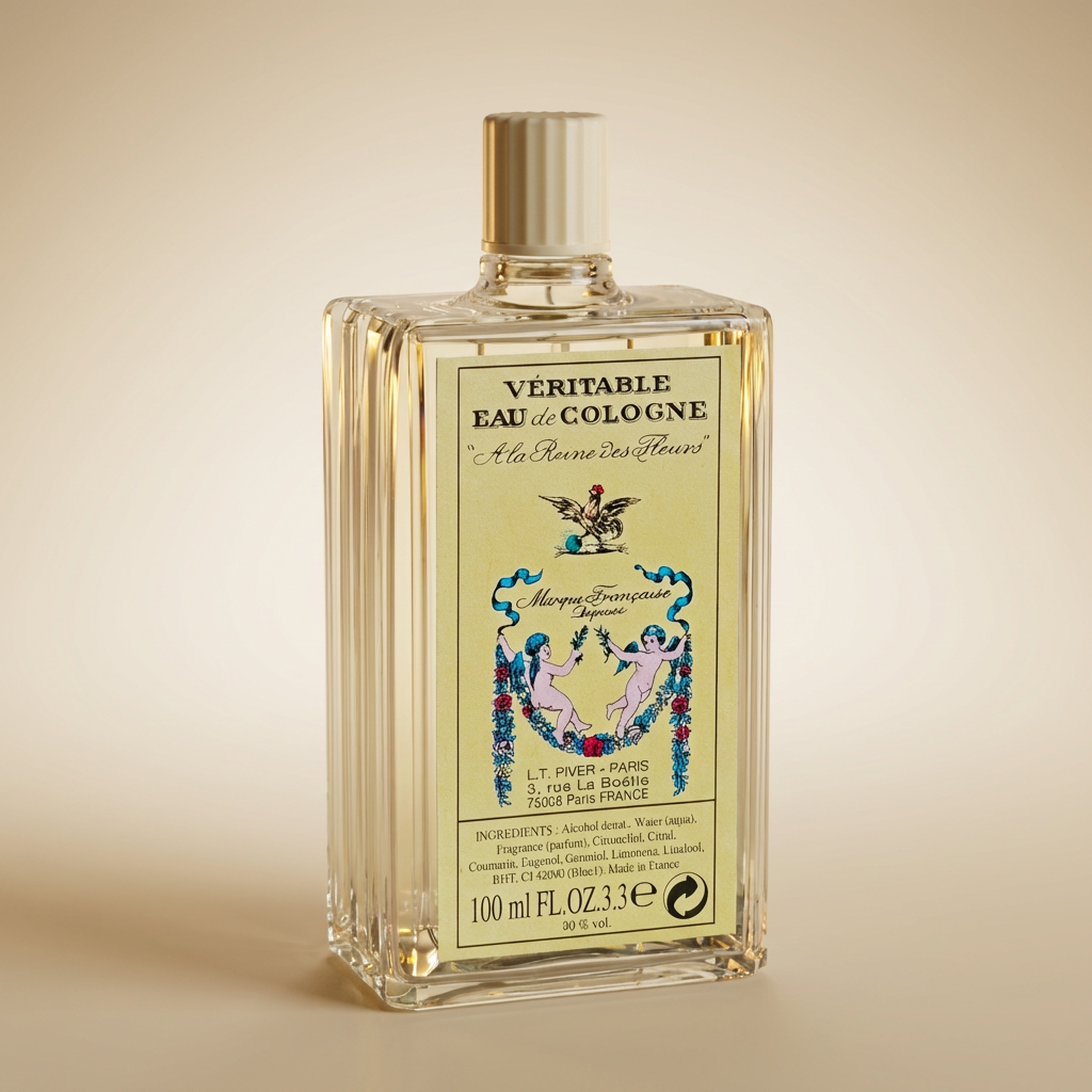 Packshot hyper-réaliste du flacon À la Reine des Fleurs L.T Piver